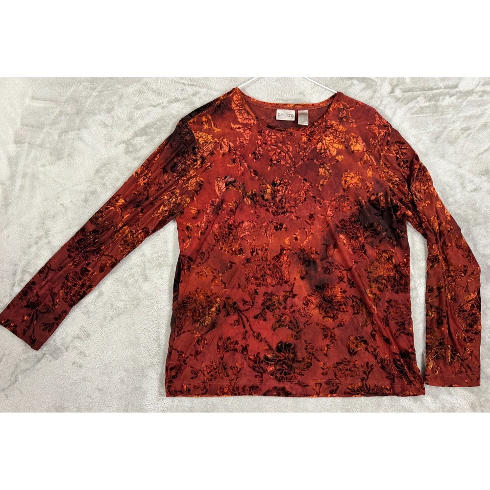 Chicos Top Womens 2 Burnt Orange Floral Velvet Velour‎ Burnout Shirt Semi Sheer